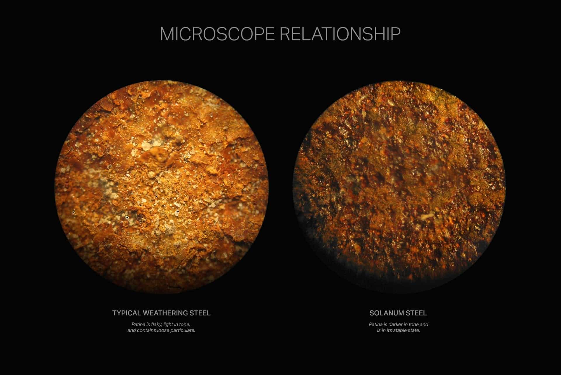 SOLANUM STEEL SEEN UNDER A MICROSCOPE. NOTE THE FLAKY APPEARANCE OF THE TYPICAL WEATHERING STEEL PATINA.
