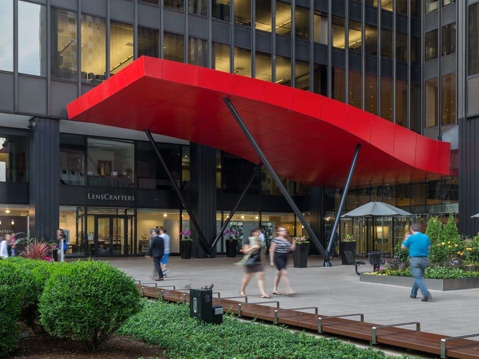 RED PAINTED CANOPY FOR MICHIGAN AVENUE PLAZA, CHICAGO.