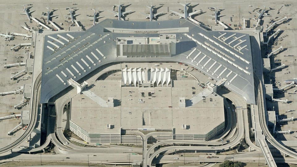 Aerial view of DFW Terminal D featuring Inverted Seam roof.