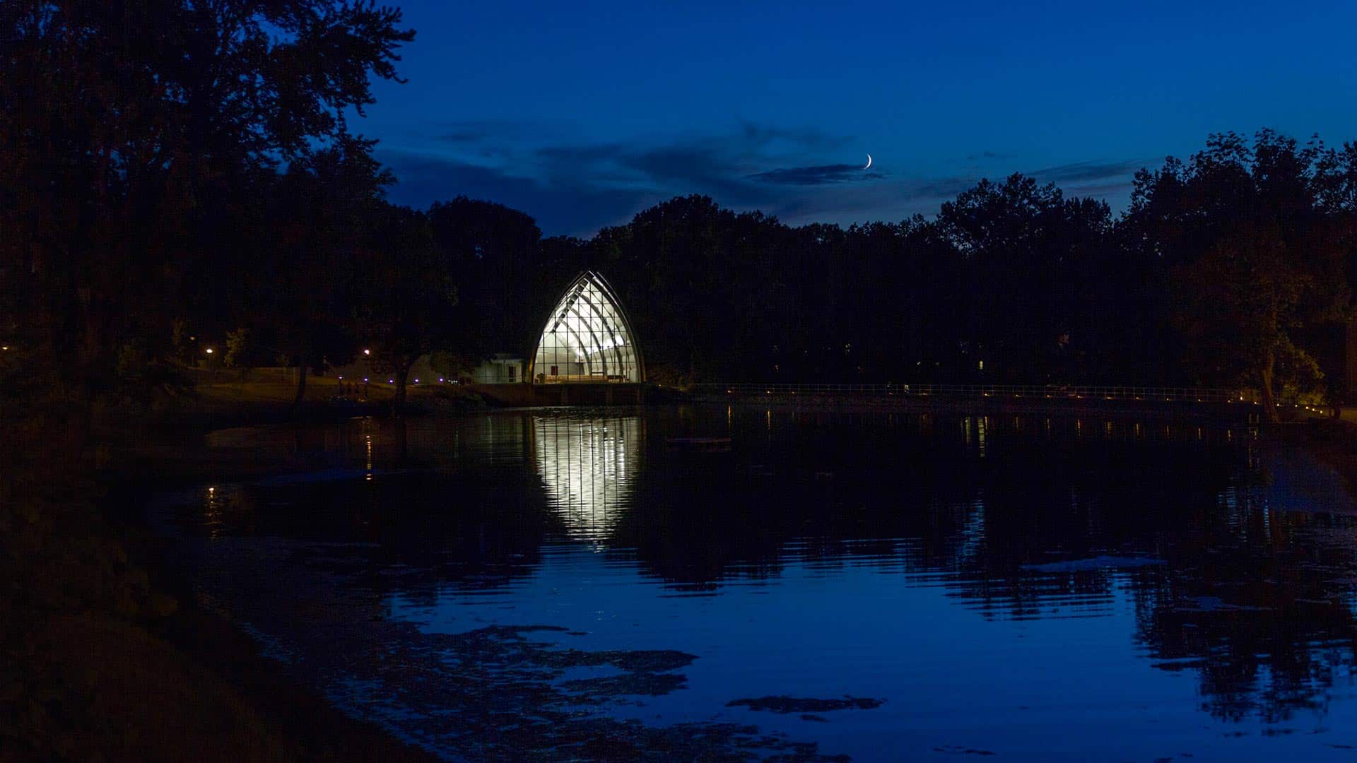 Photograph of White Chapel at dusk on the Rose-Hulman campus