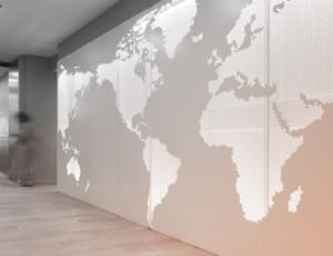 Interior metal ImageWall system with backlit painted aluminum panels.