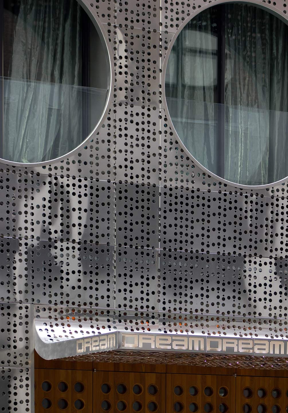Detail of the metal panel system of the south side of Dream Downtown.