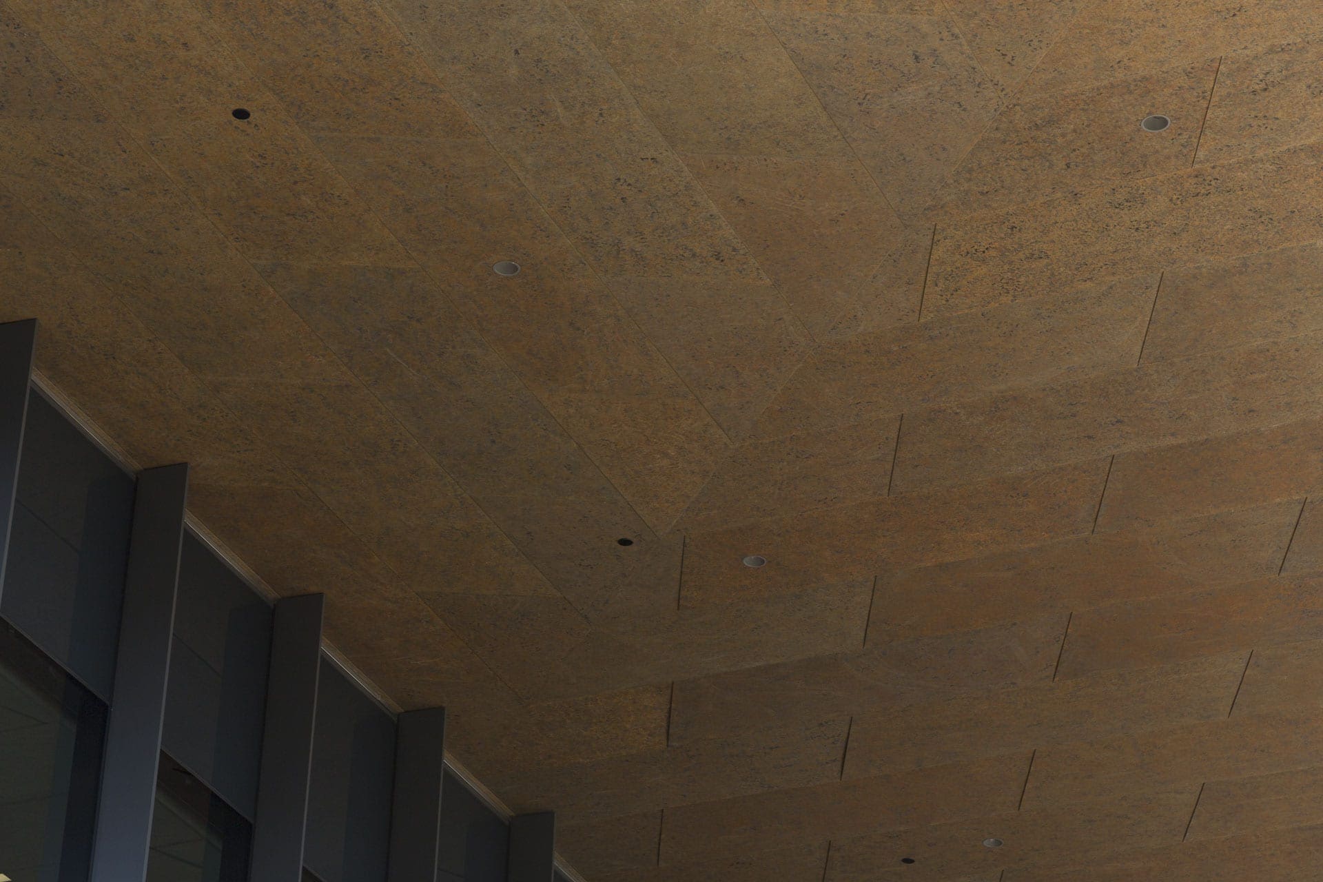 Custom zinc ceiling soffit for the McMurtry Building in Stanford, California.
