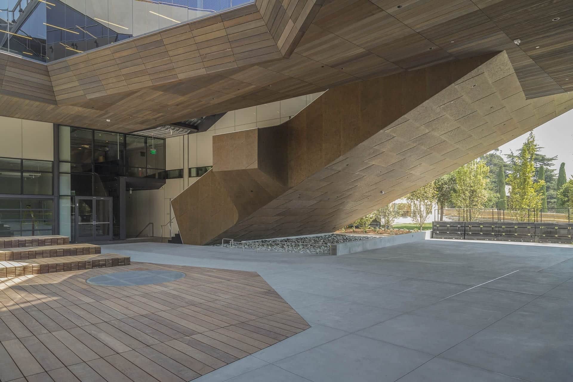 Custom zinc ceiling soffits and staircase at the McMurtry Building in Stanford, California.
