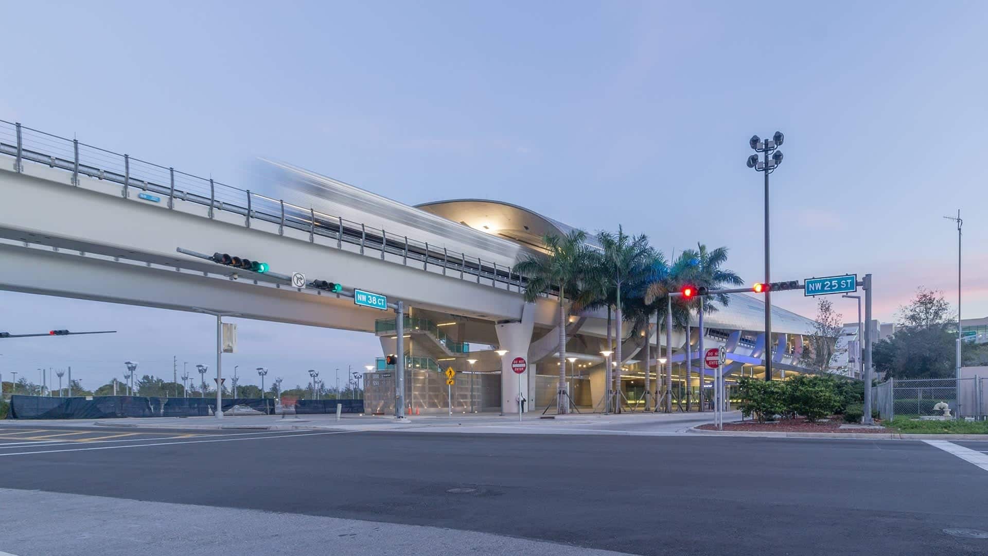 Photograph of a train leaving the Miami Intermodal Center.