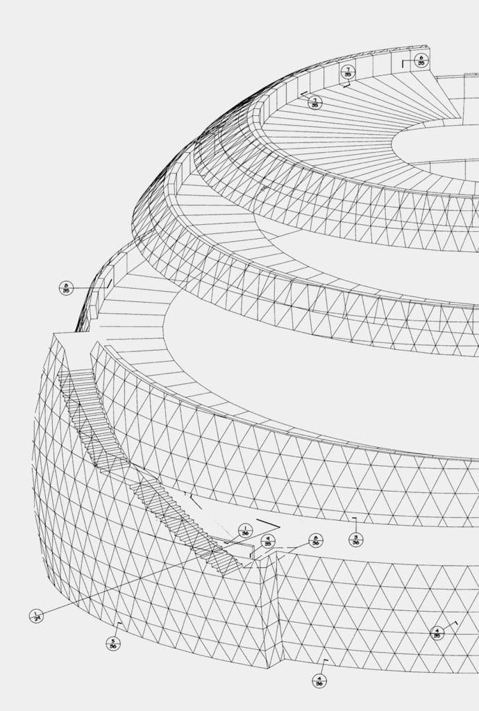 Detailed drawings of the dual-curving MOSI facade were made.
