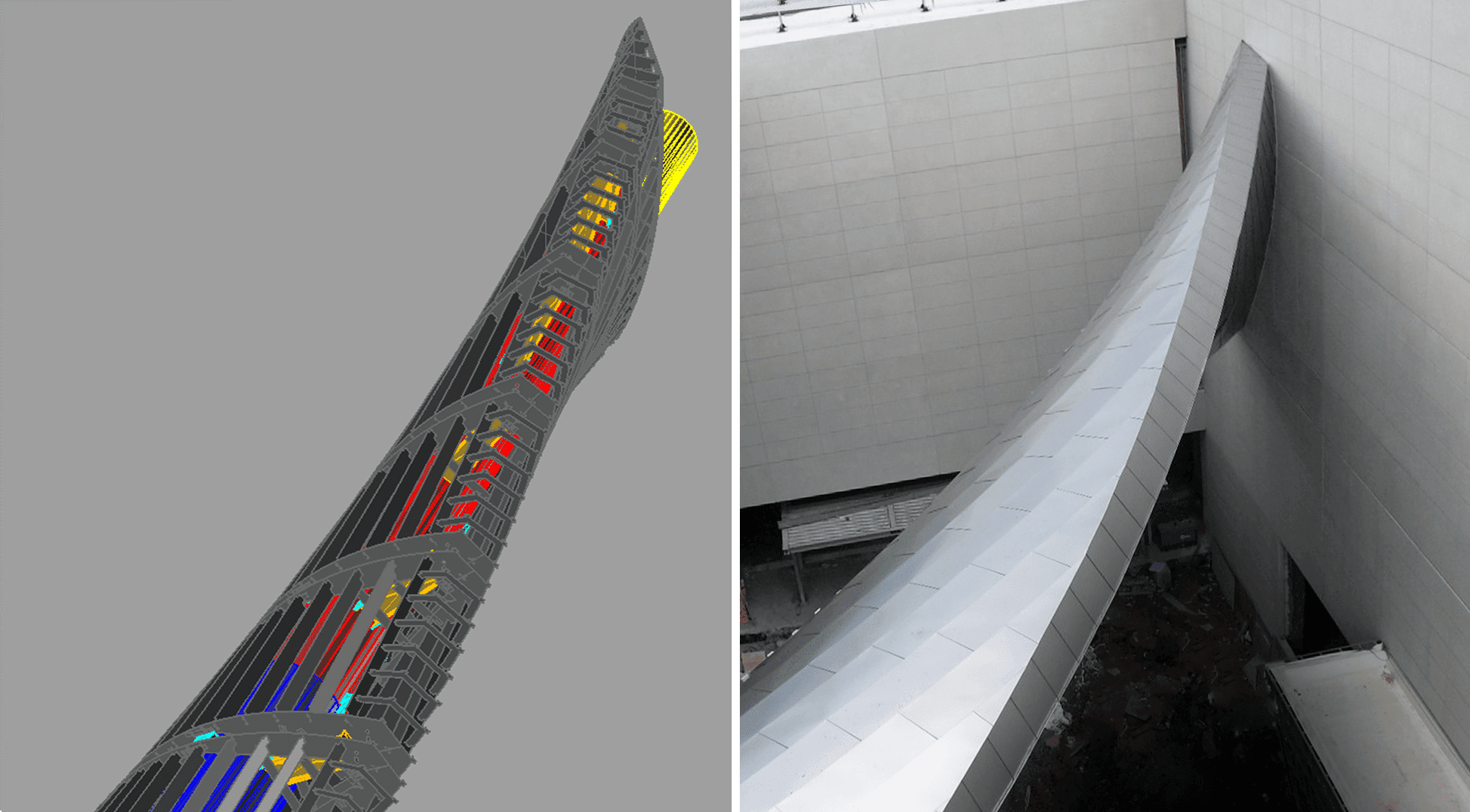 CAD View of the moebius structure Zahner designed compared with the installed view.