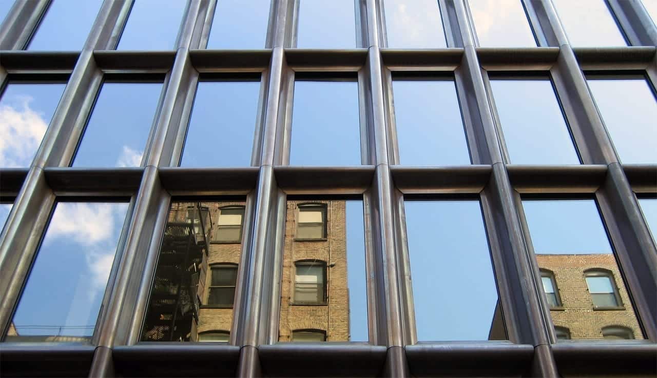 Patinated copper on the building Patinated copper on the building's north elevation.