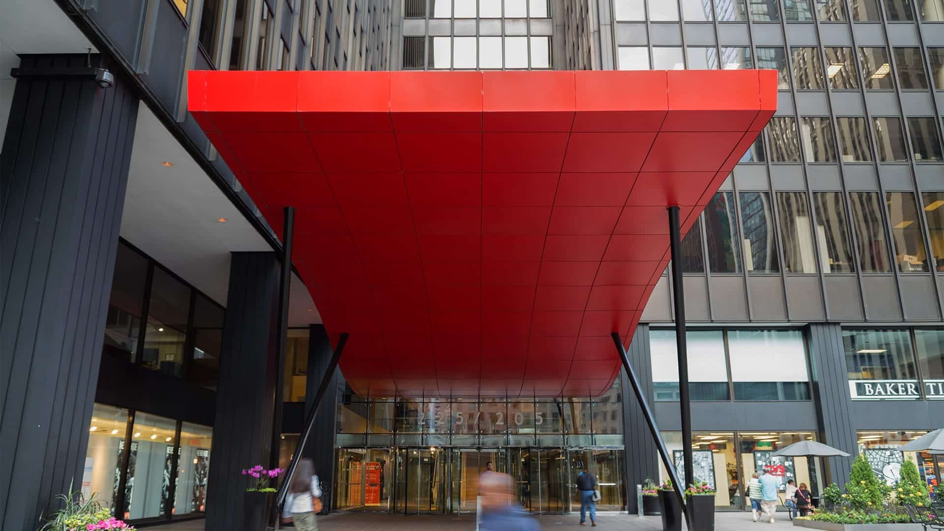 View of the red painted aluminum canopy from Michigan Avenue in Chicago.