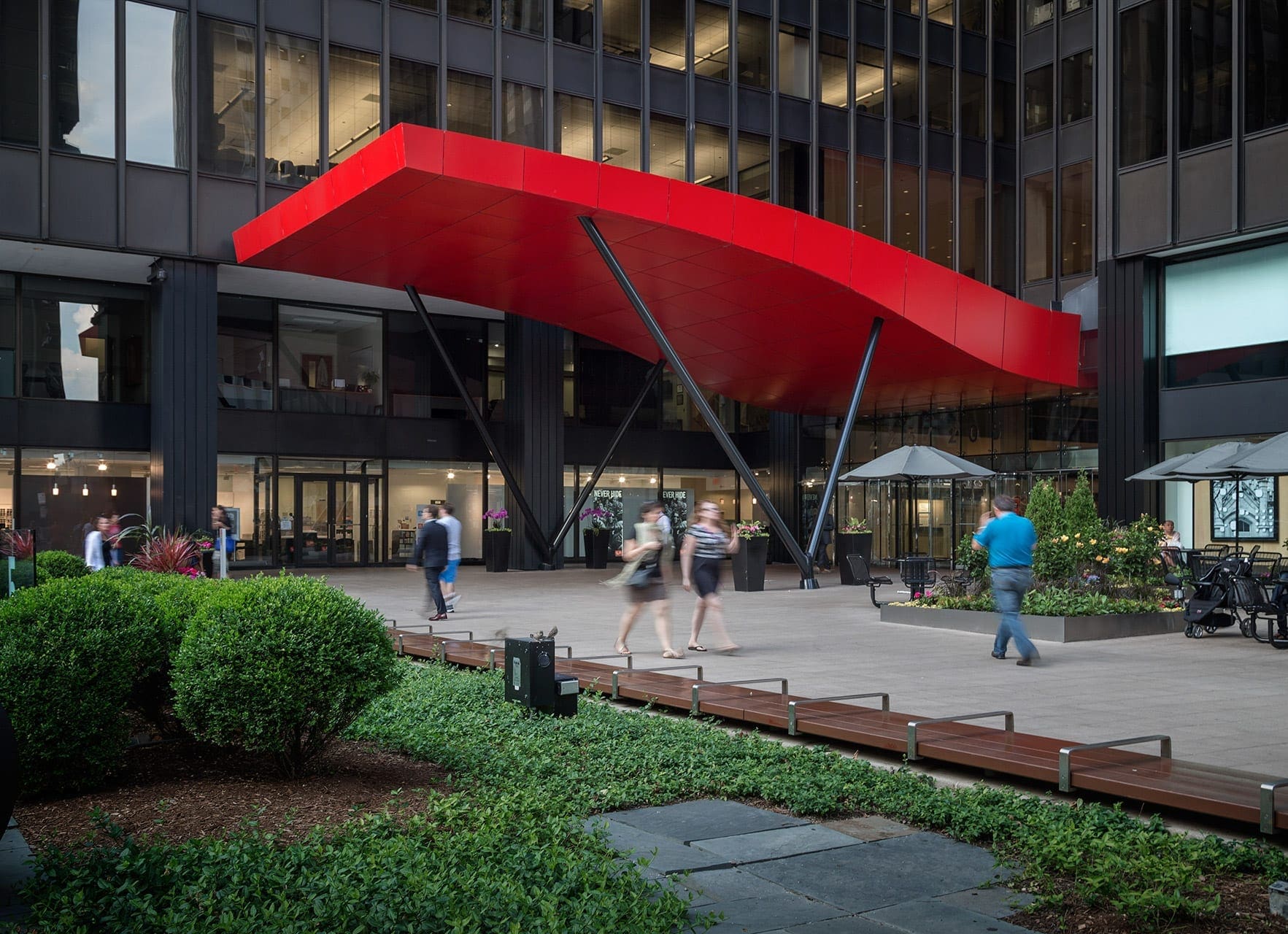 The red aluminum canopy for Michigan Avenue Plaza in Chicago.