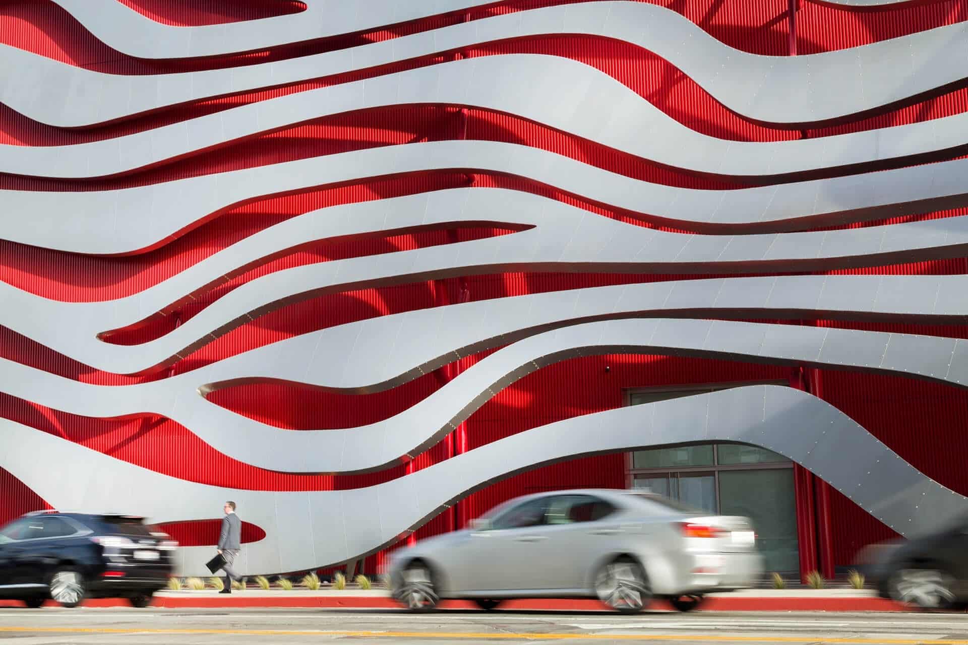Detail of the facade of the Petersen Automotive Museum.