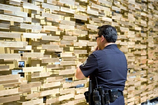 Los Angeles Police Officer sees the LAPD Memorial for the first time during its arrival.