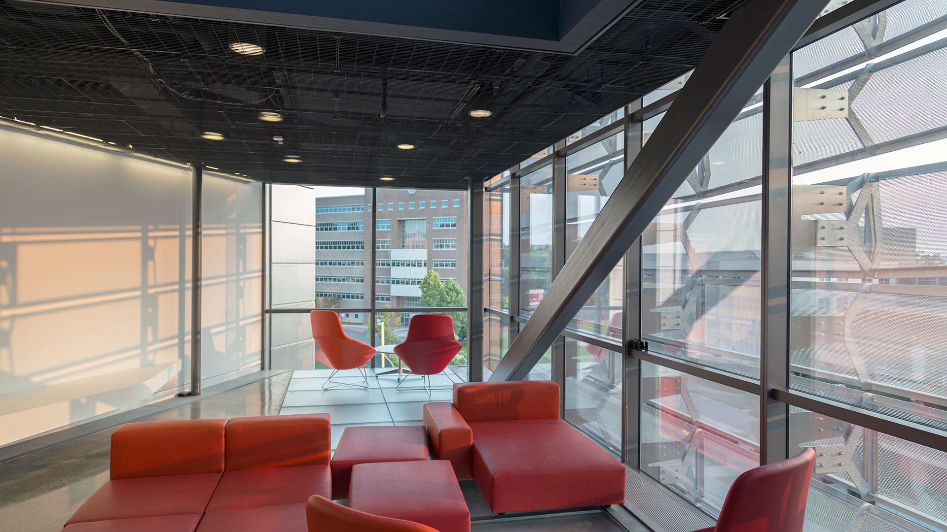 Student Lounge at Gates Hall, shaded by the perforated panel system by Zahner.