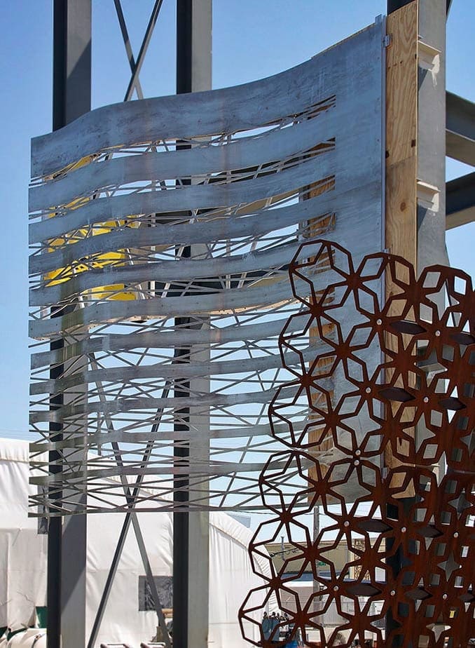 Zahner mockup tower shows Denny's prototype adjacent to the Basra Stadium mockup.