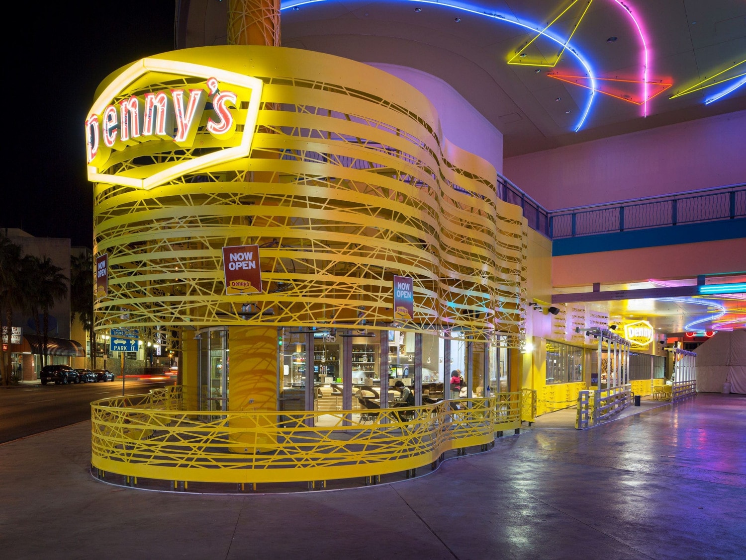 Photograph of the completed Denny's Flagship Diner / Early rendering of the desgin.