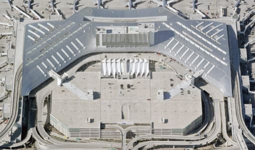Aerial photo of the DFW Airport Terminal D with Inverted Seam roof system.