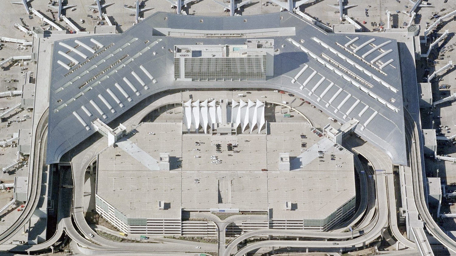 Aerial photo of the DFW Airport Terminal D with Inverted Seam roof system.