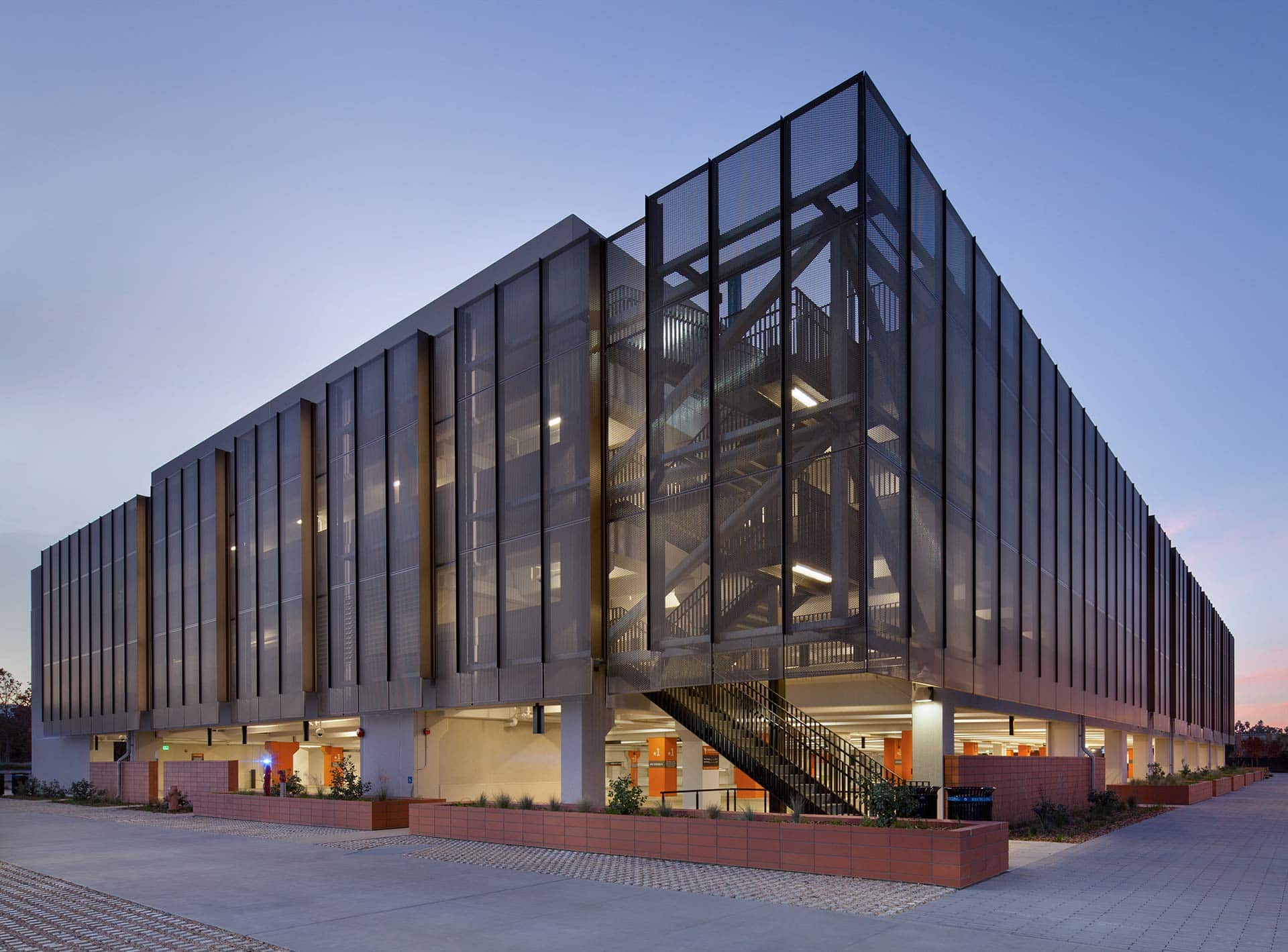 Photograph of the perforated metal panel screen system at Stanford University Parking Garage