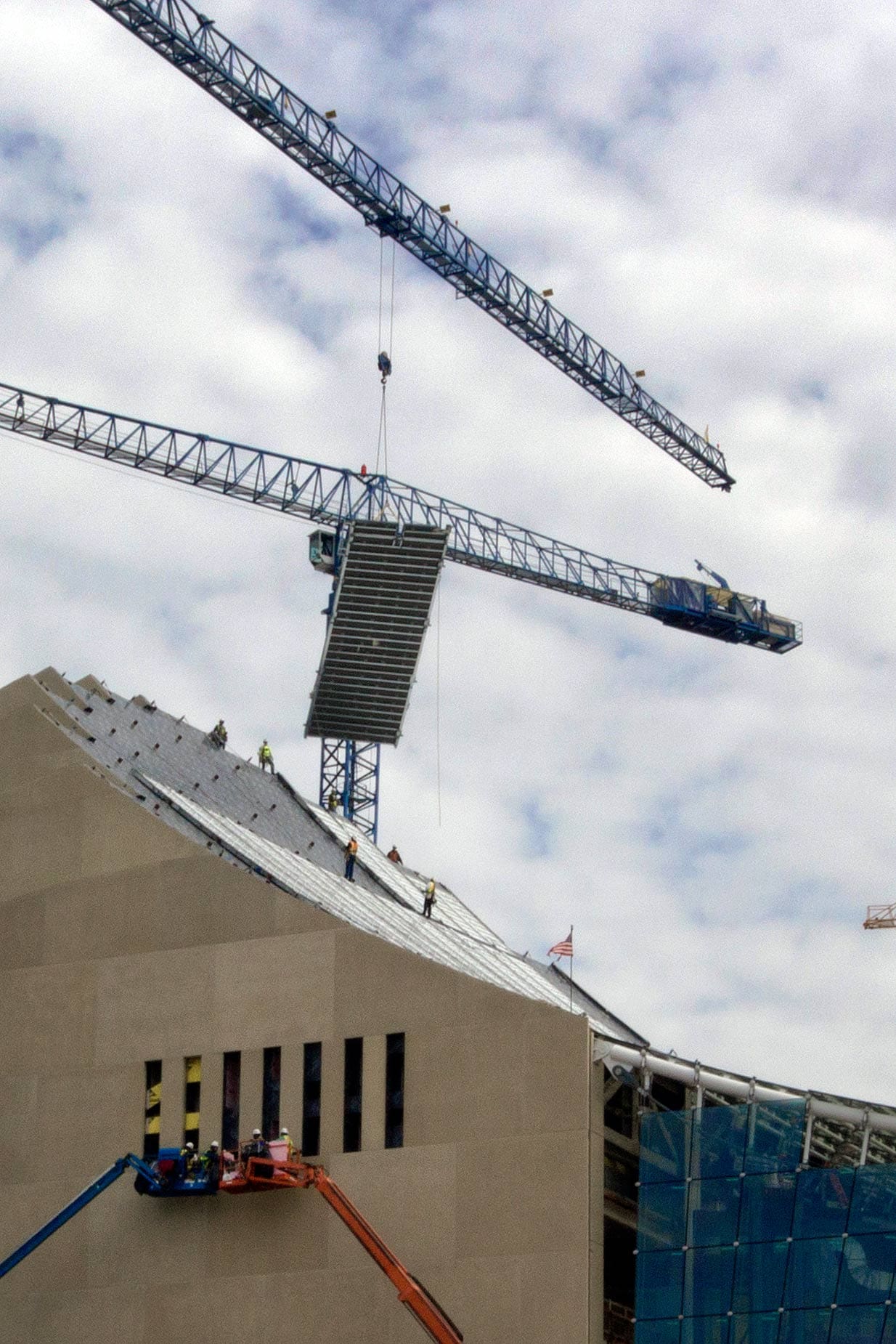 A single ZEPPS panel for the roof system is hung at Kauffman Center.