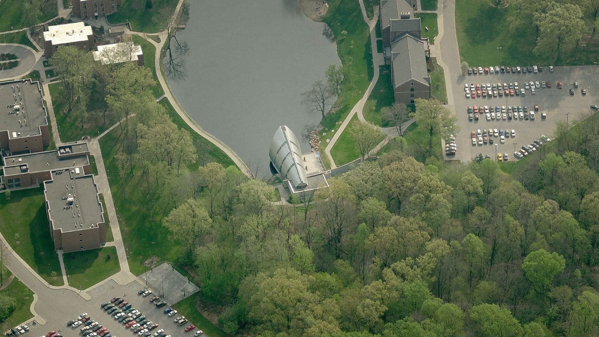 Aerial photograph of White Chapel at the Rose-Hulman Institute Campus.
