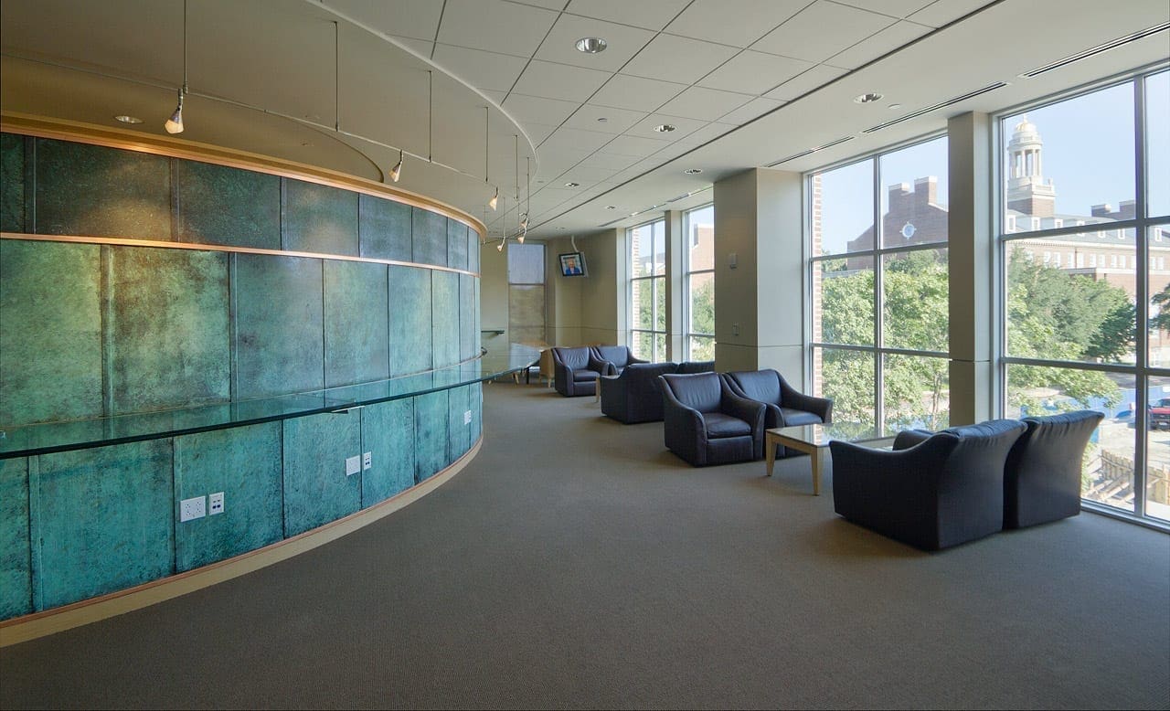 SMU Collins Center study room with custom copper patina on interior metal.