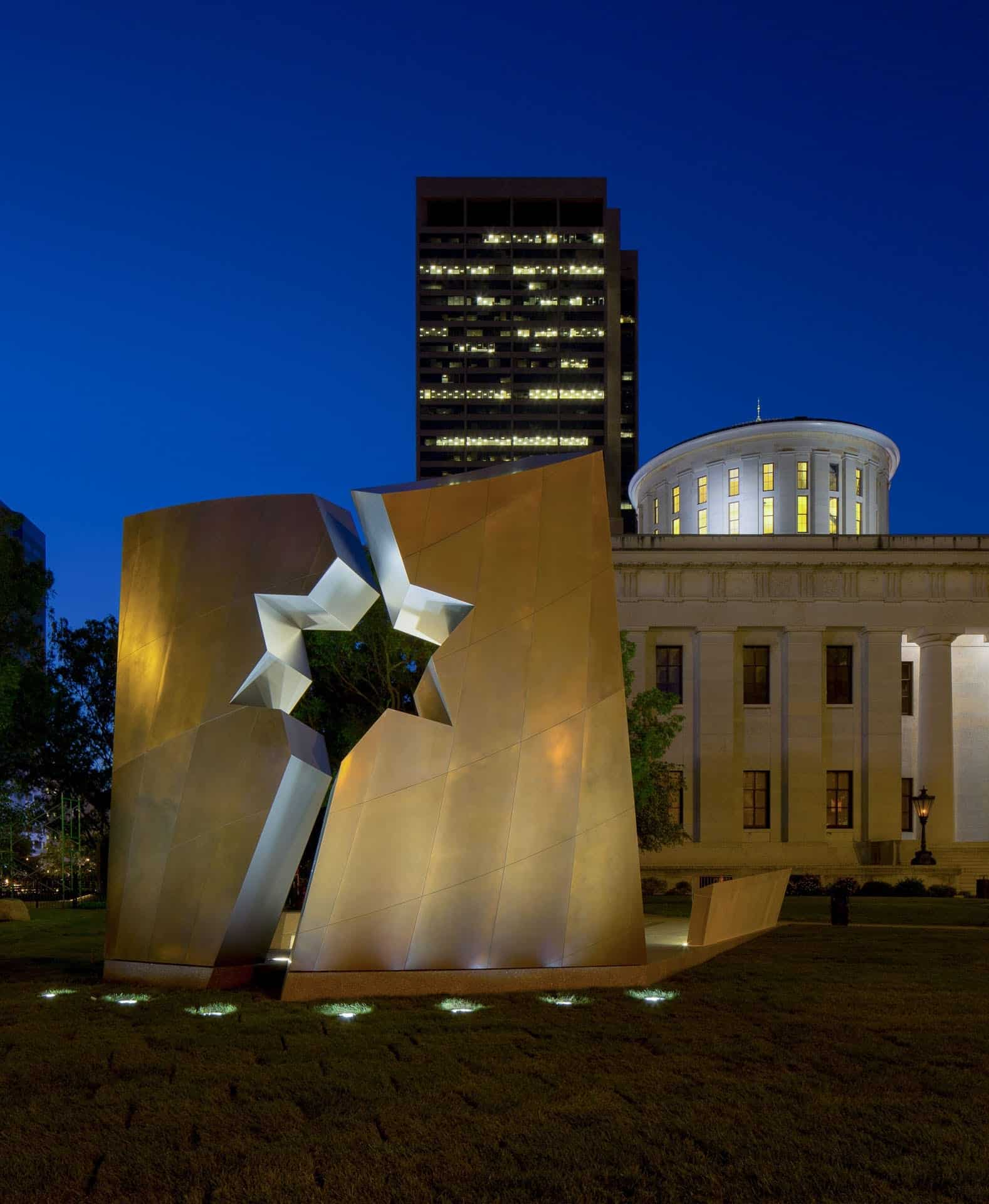 The Ohio Memorial after dusk on the lawn of the Ohio Statehouse