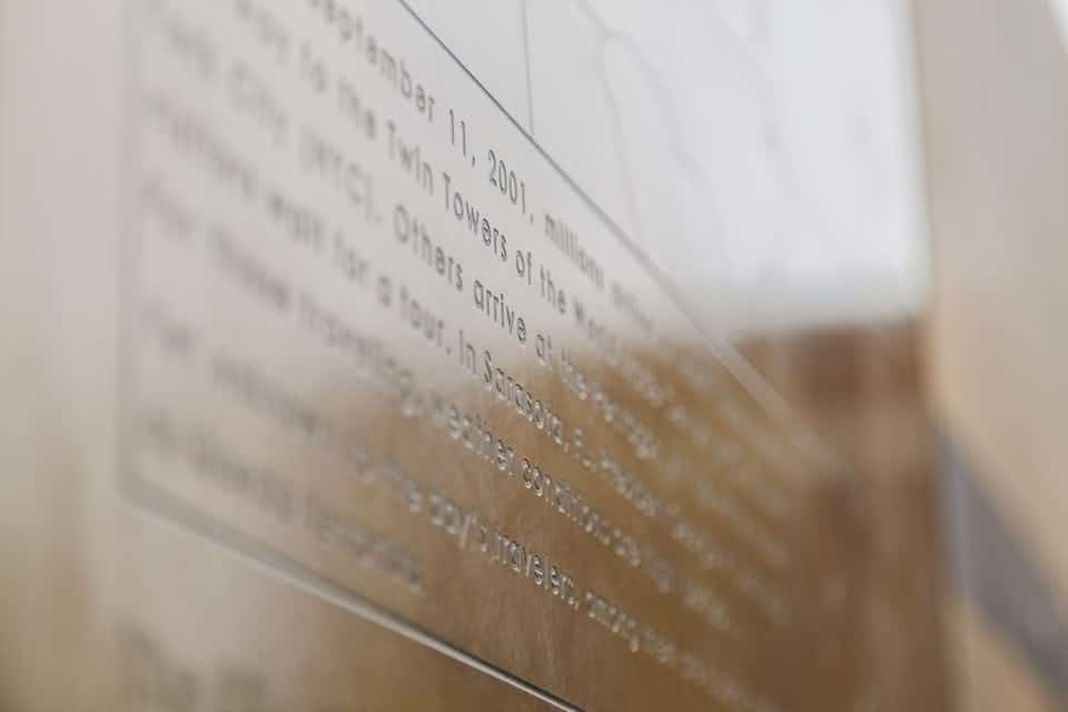 Engraved text at the Overland Park Memorial for victims of 9/11