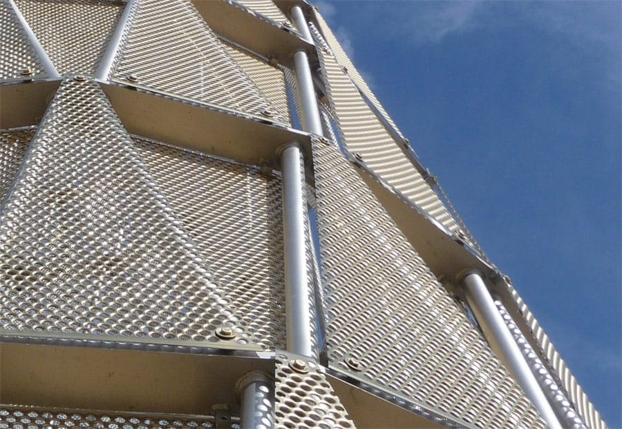 Detail of the perforated triangular panels used on Hope Tower at UNMC.