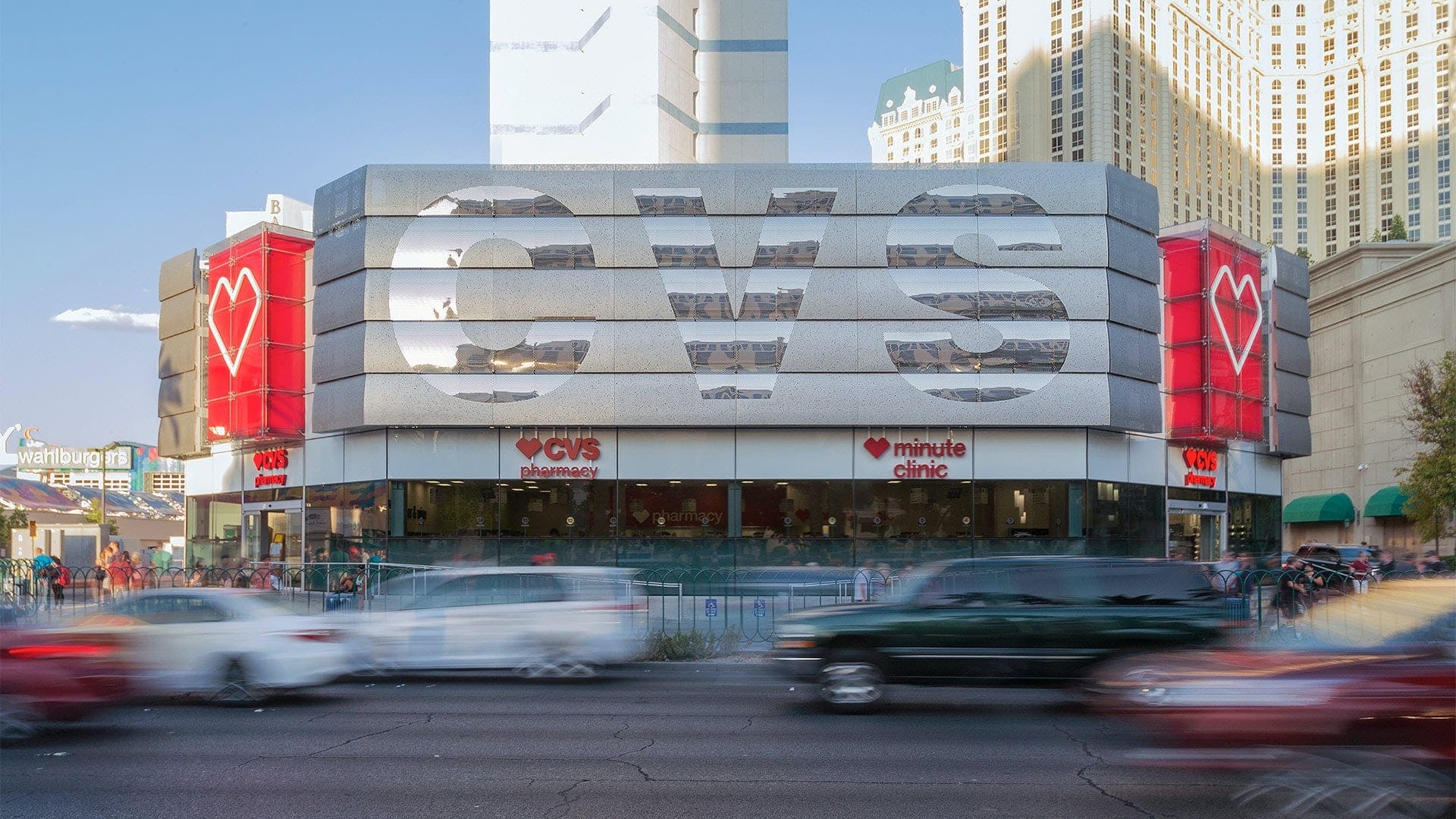 Stainless steel finished with selective polishing creates a unique effect for signage at CVS's Las Vegas flagship store.