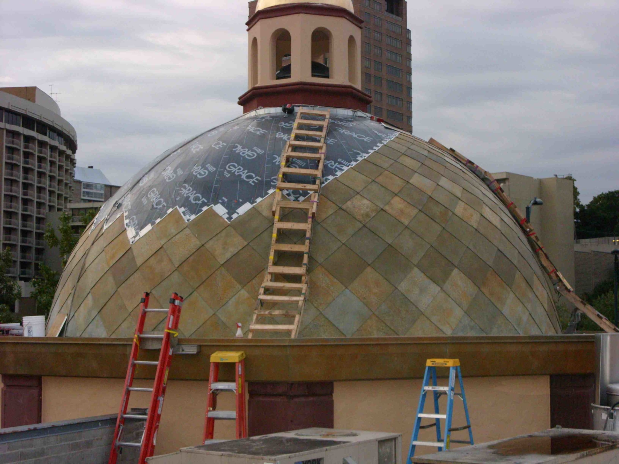 Roano Zinc-clad Dome on the Country Club Plaza during installation. Roano Zinc-clad Dome on the Country Club Plaza during installation.