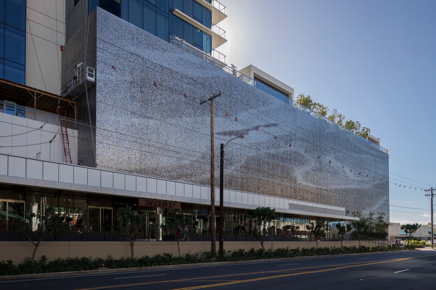 Waiea building parking structure facade in Honolulu, Hawaii.
