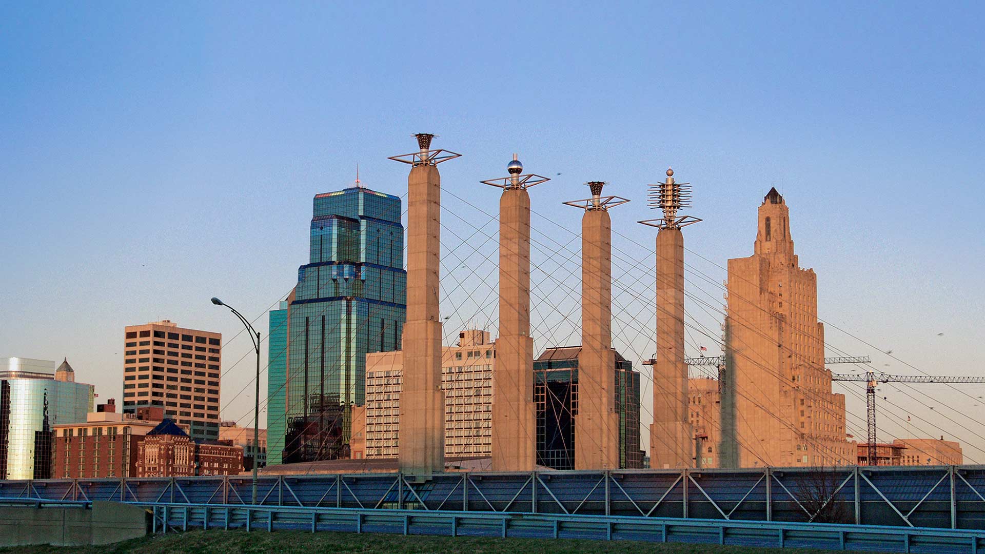 Panoramic of the Bartle Hall Sky Stations in the Kansas City Skyline.