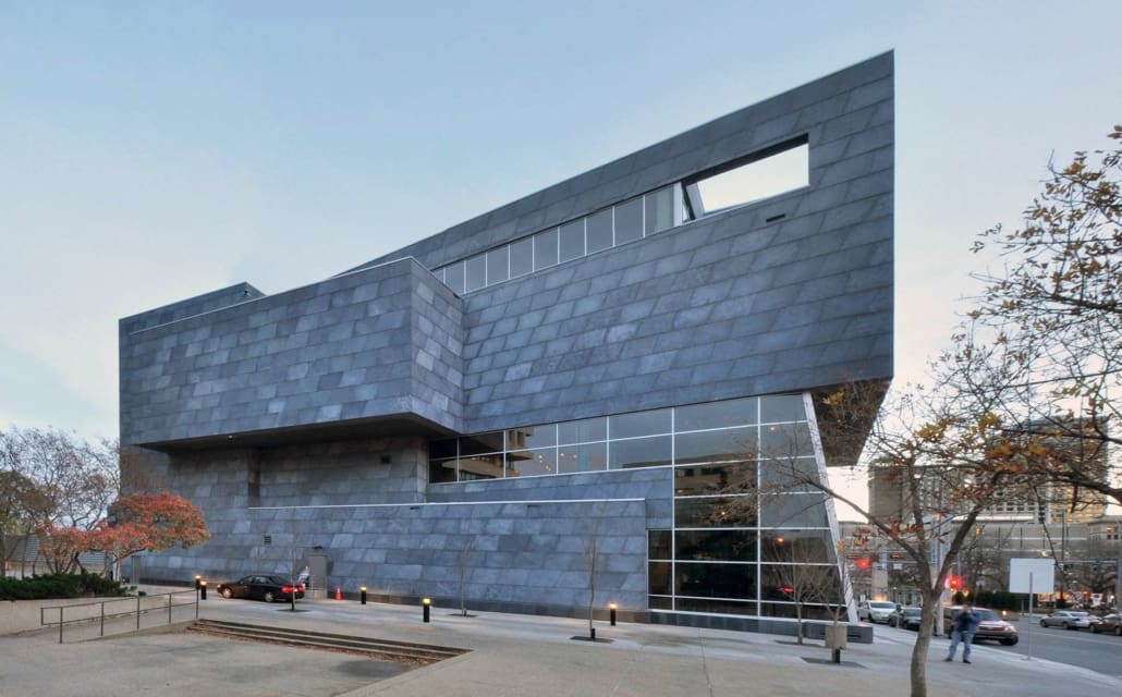 Photo of the Flatseam zinc panels on the Art Gallery of Alberta