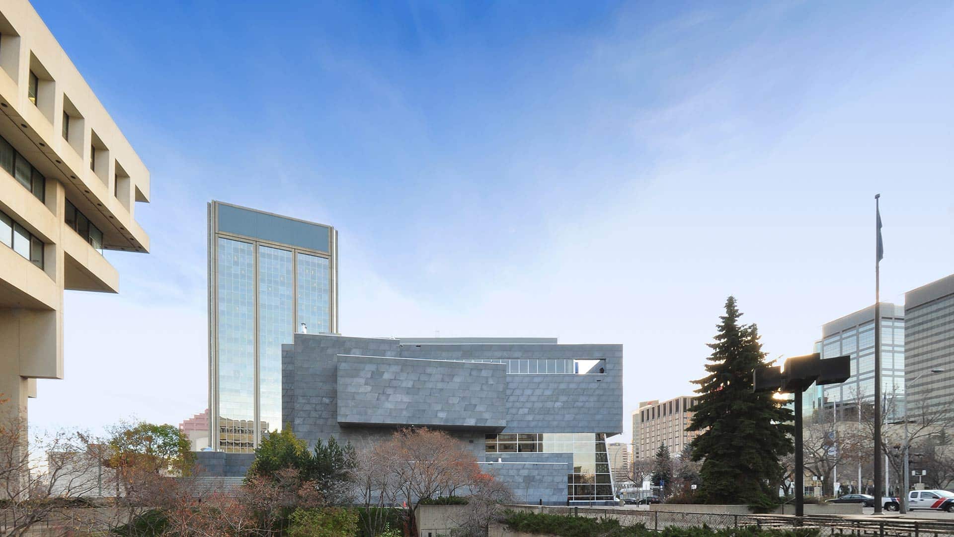 Flatseam preweathered zinc panels on the Art Gallery of Alberta Photo of the Flatseam panels on the Art Gallery of Alberta