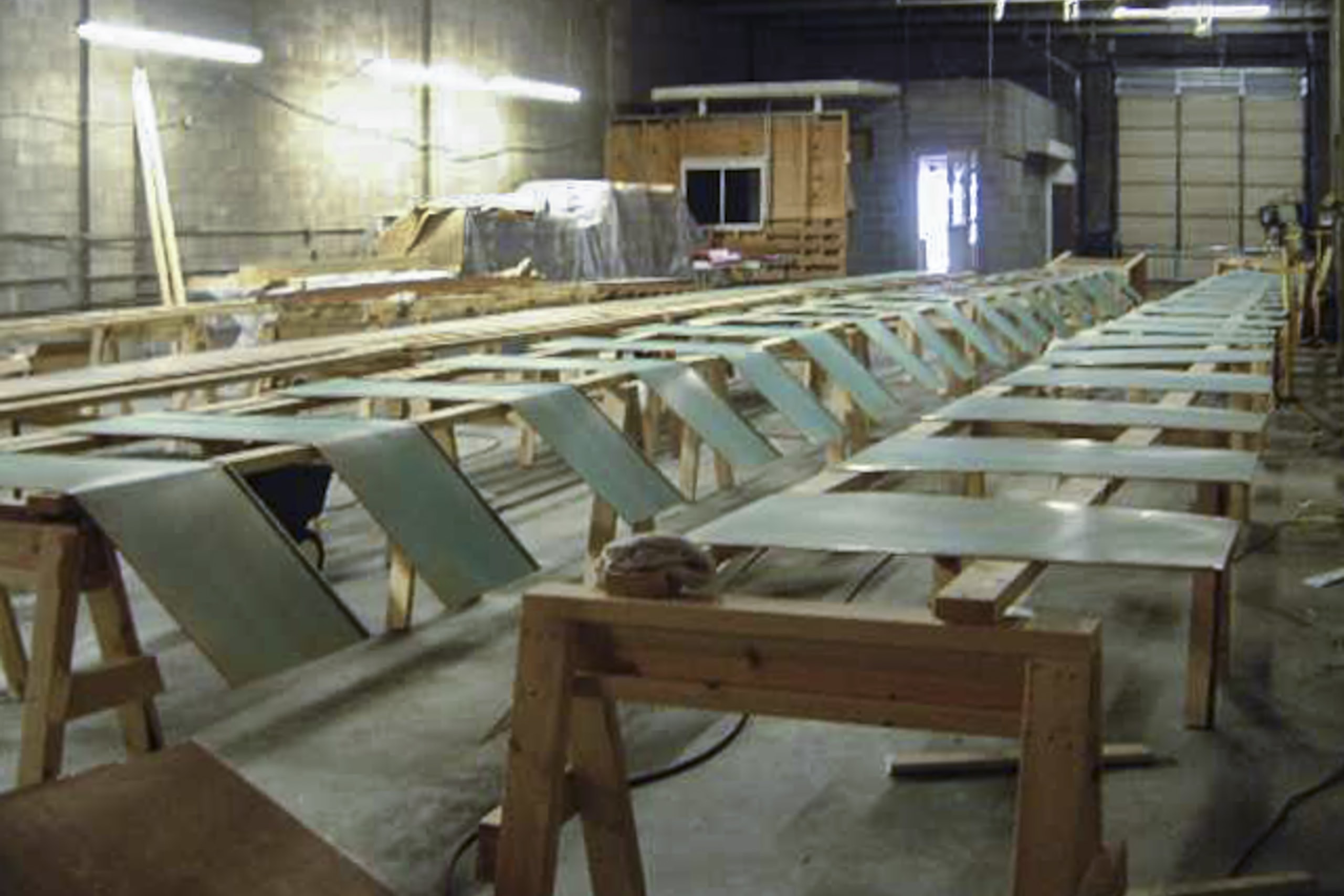 Prepatinated copper skins for Brandywine Hundred Library in the Zahner shop.