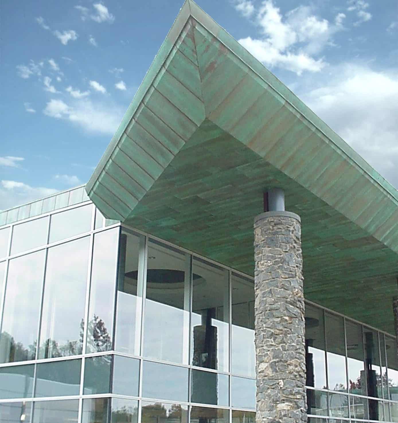 Detail of copper canopy colonnade. Detail of PATINATED copper canopy colonnade AT The Brandywine Hundred Library.