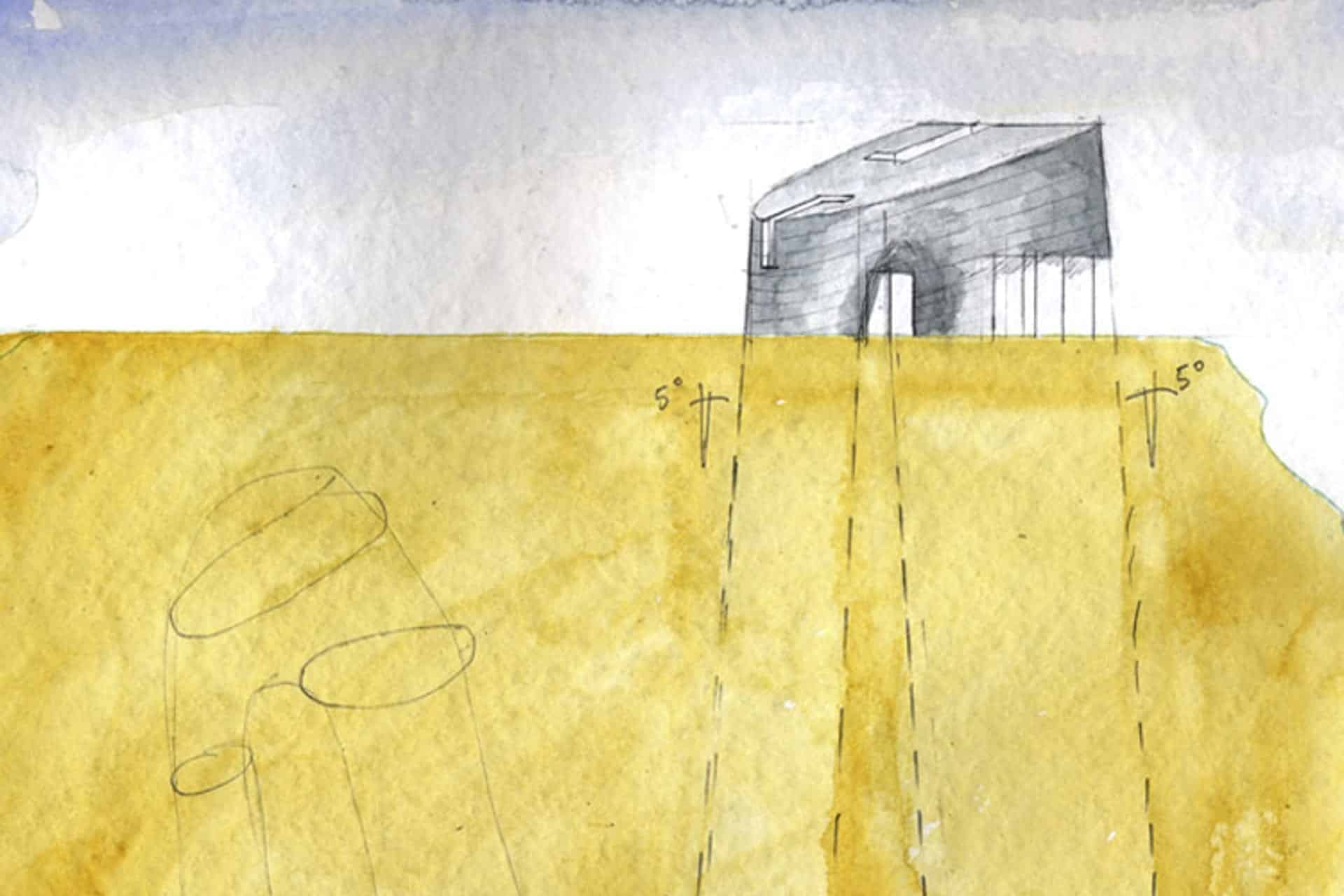 Steven Holl watercolor painting of the Turbulence House.