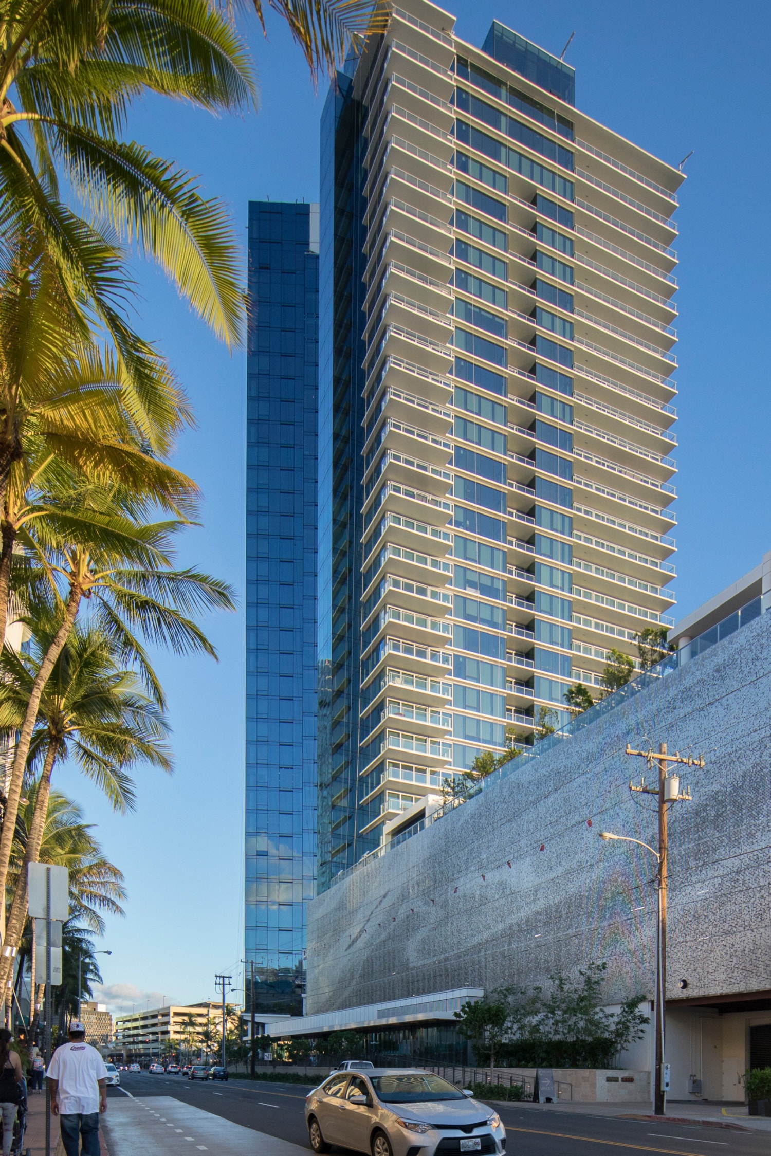 Waiea tower and building parking structure facade in Honolulu, Hawaii.