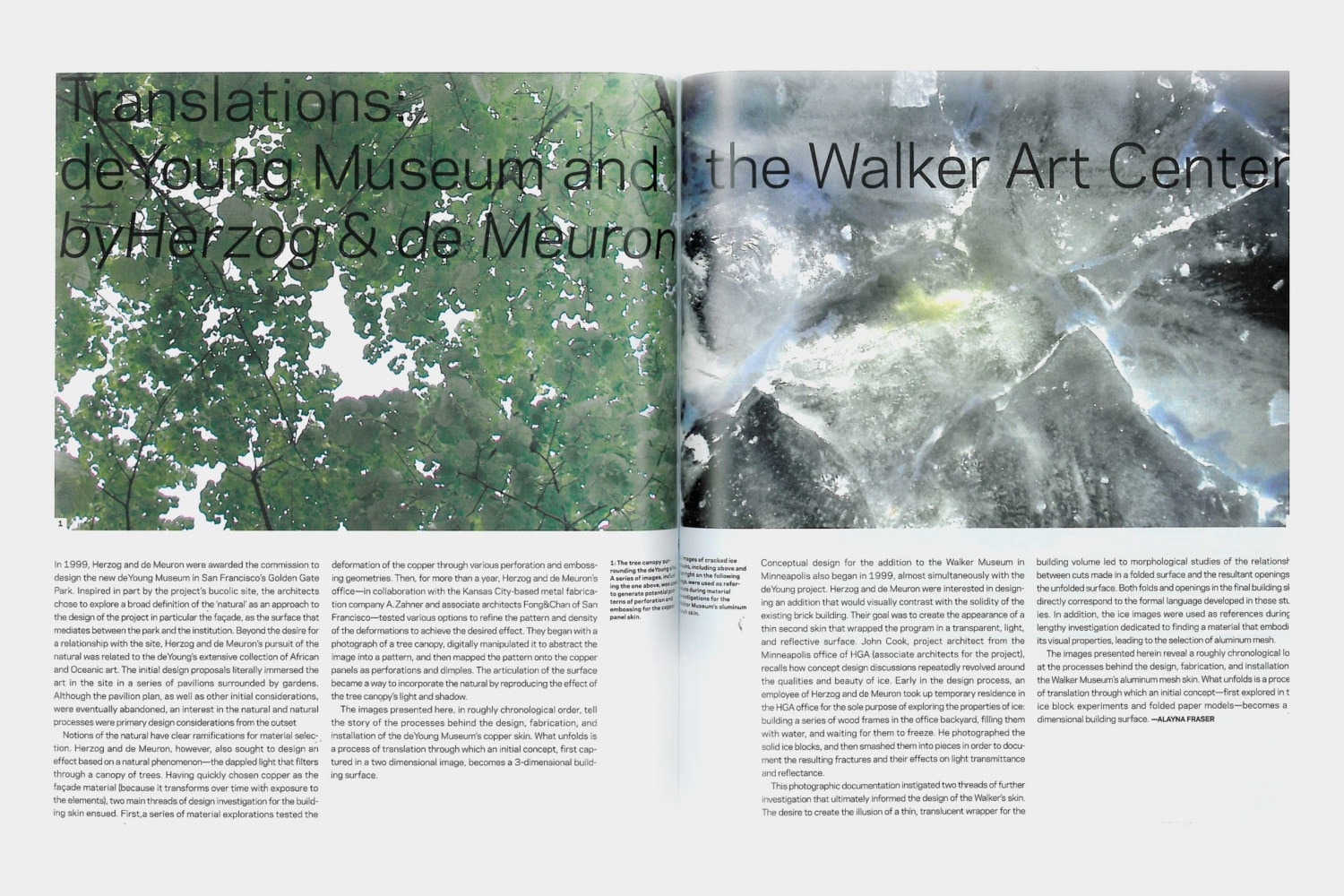 Opening pages of Translation: de Young Museum and the Walker Art Center by Herzog & de Meuron