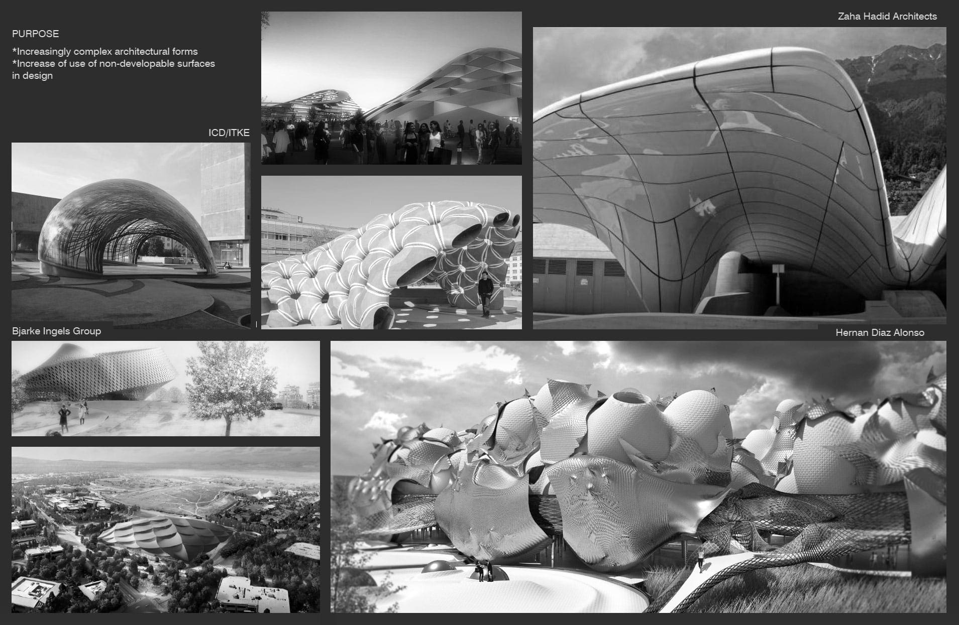 Architectural renderings showing architecture firms' use of dual curvatures.
