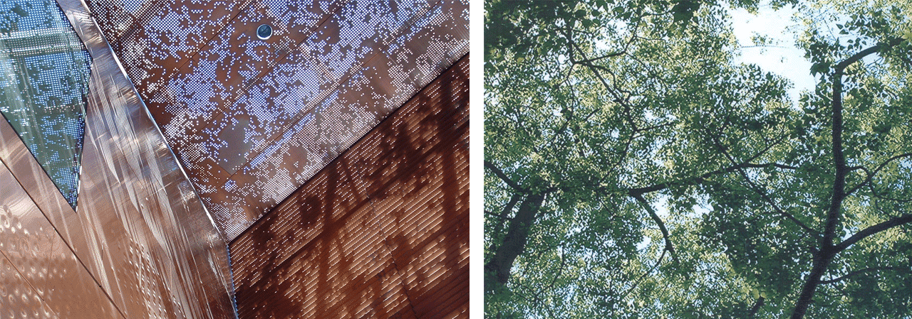 Early example of image-based perforated metal: de Young Museum (Left) and original source imagery (Right).