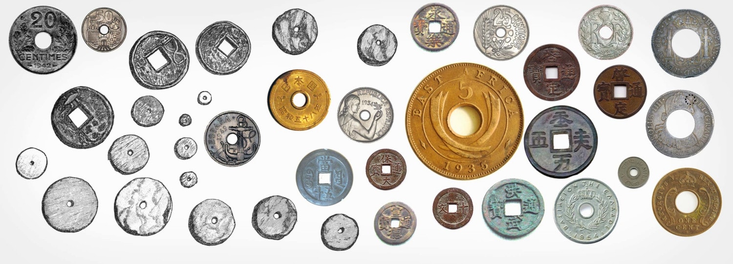 Coins and historic sketches of coined currency with holes. 