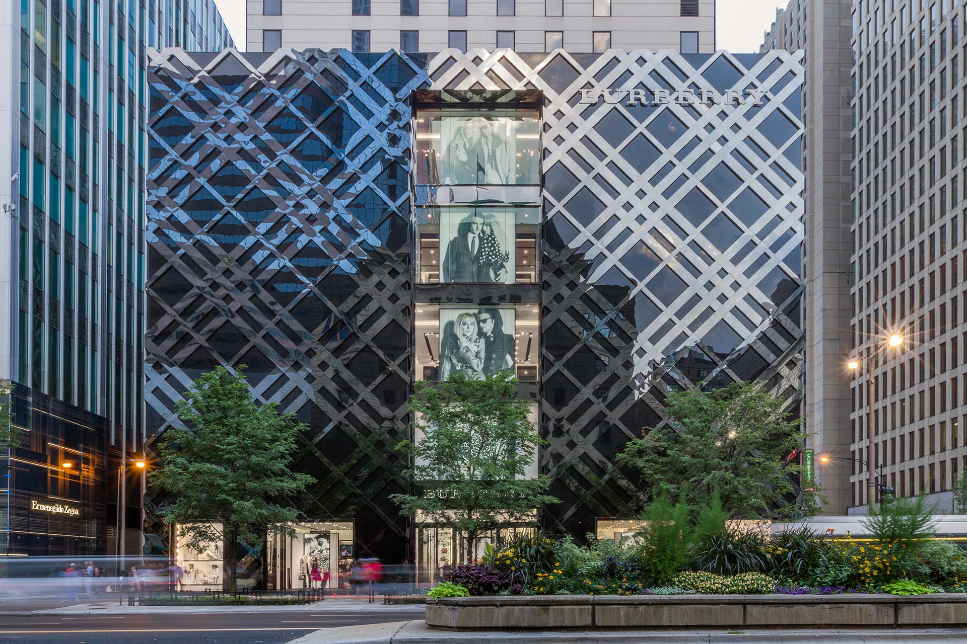 Zahner produced the complex facade for the new Burberry Flagship in Chicago, a deep-set fully developed facade integrated with exterior lighting systems.