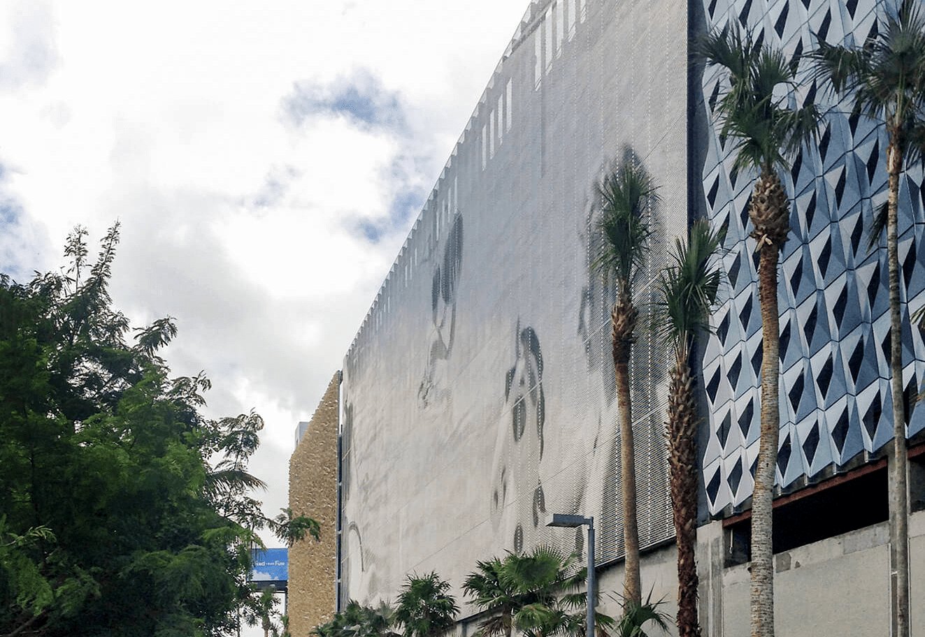 City View Garage facade designed by artist John Baldessari using Zahner Angel Hair® Stainless Steel.