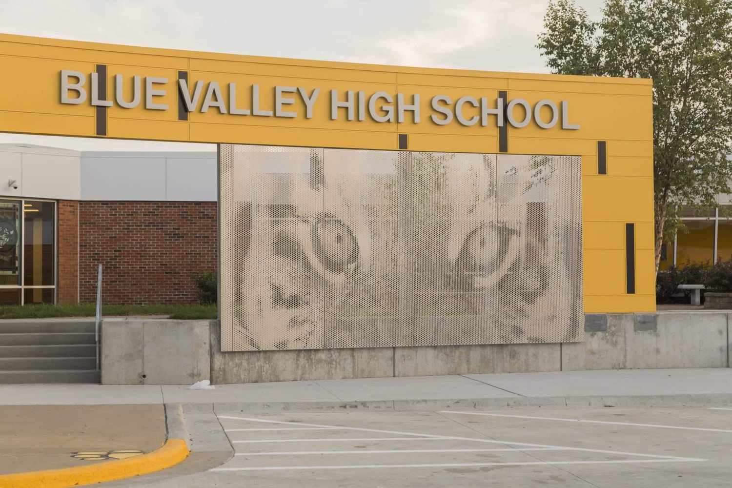 Angel hair stainless steel ImageWall screens depicting the Blue Valley High School mascot.
