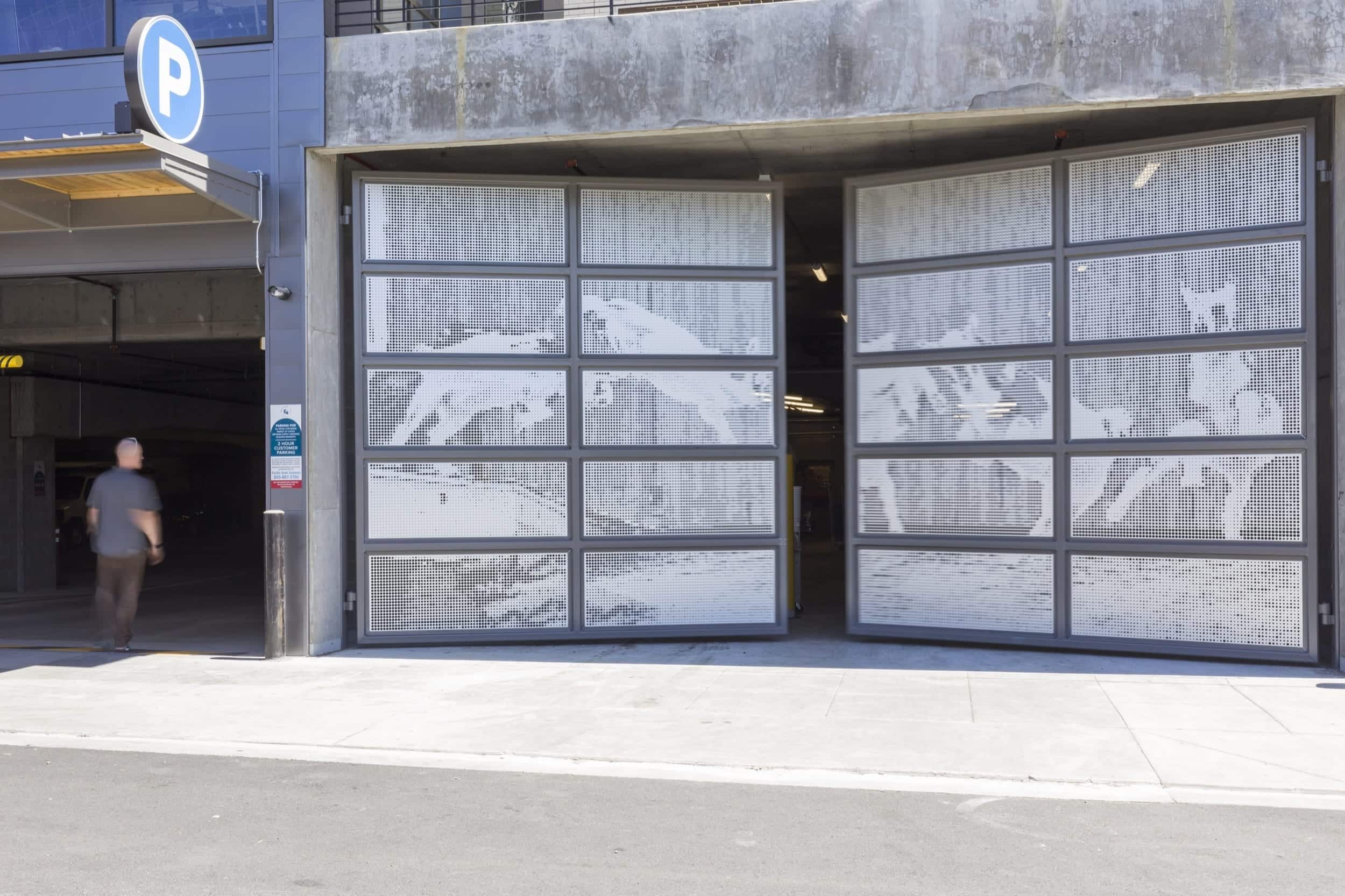 Exterior view of ImageWall applied to hinged garage door.