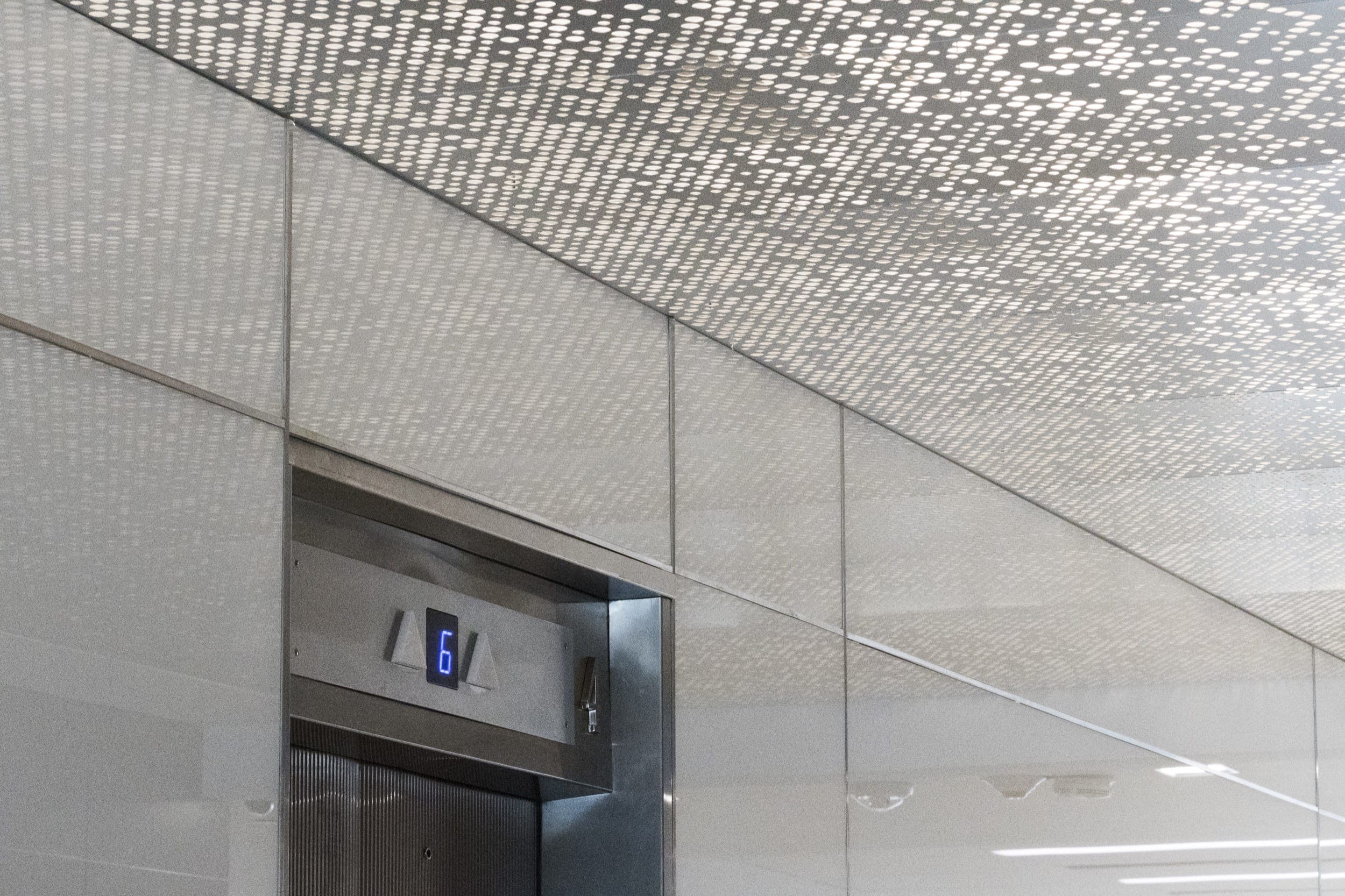 Closeup of ImageWall ceiling in NCX 6060 Interior Lobby near Elevators