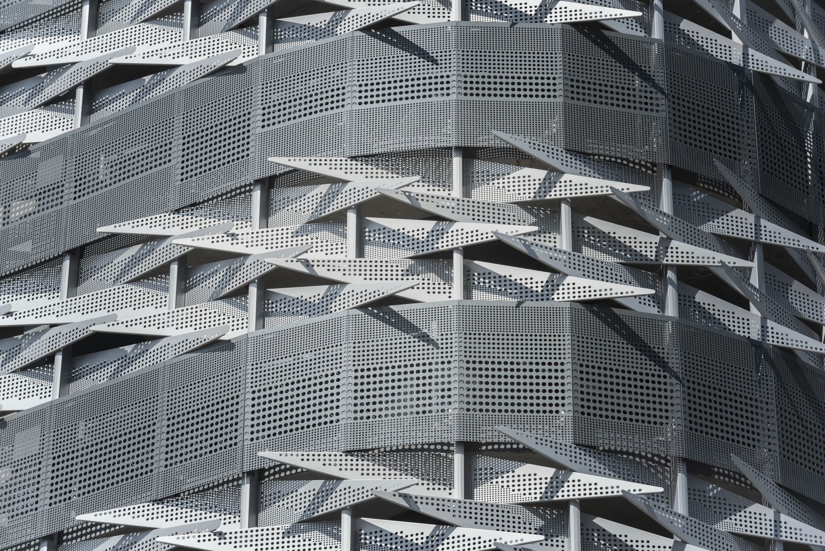 Closeup of the custom metal facade for the Brickell Flatiron Parking Garage, produced by Zahner.