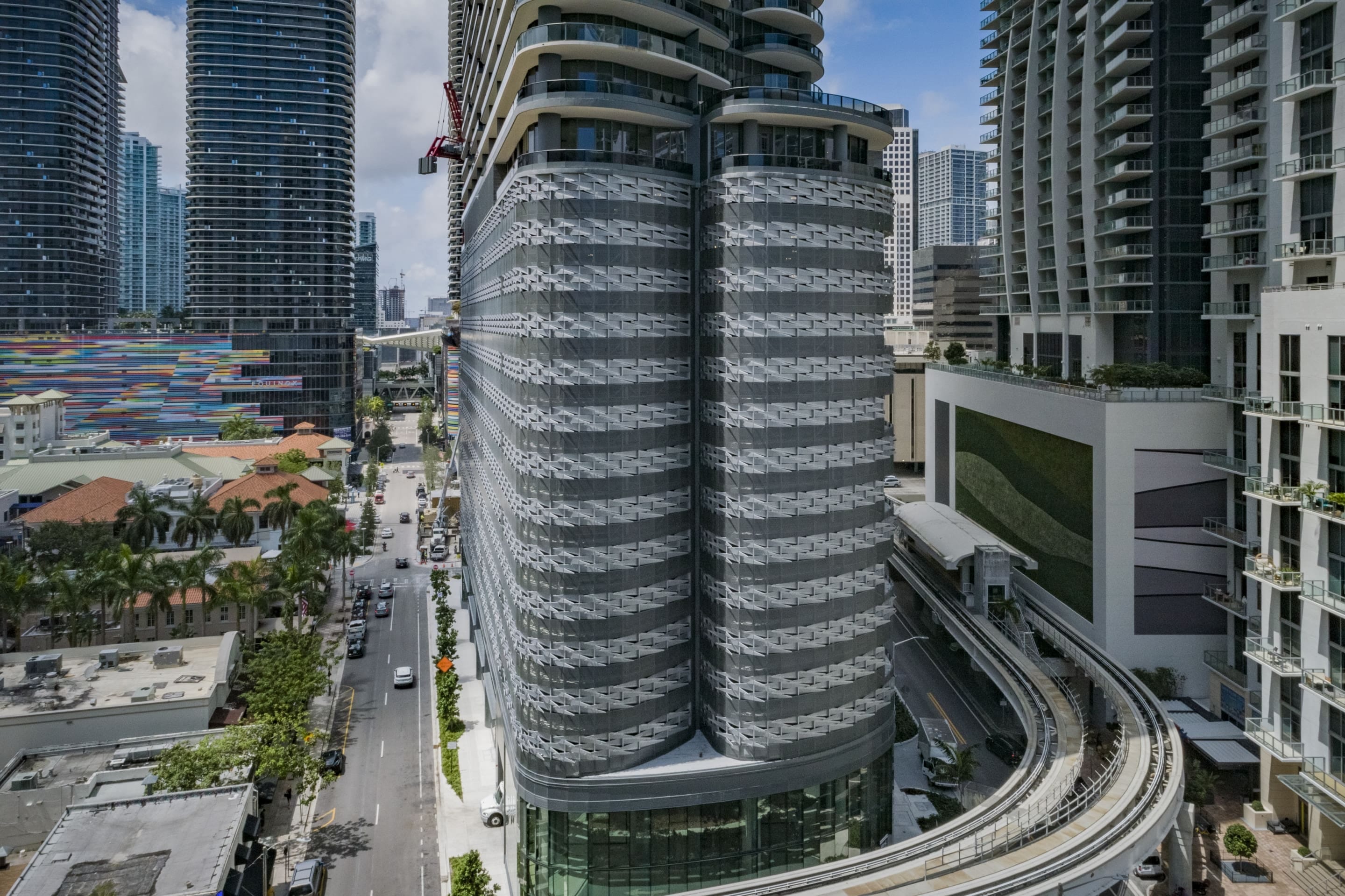 Zahner engineered and fabricated a custom perforated-metal facade for the 13-story Brickell Flatiron Parking Garage.