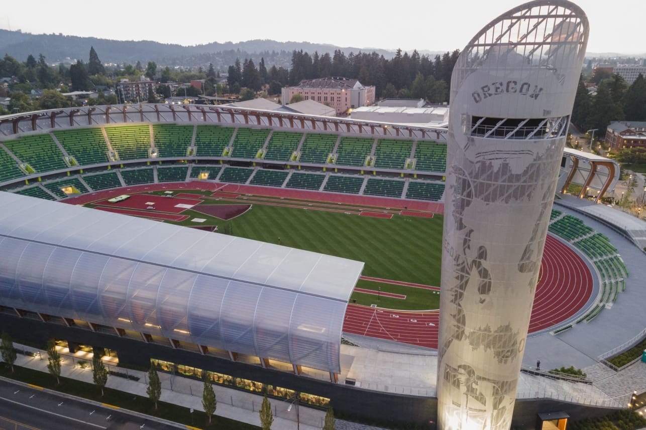 Hayward Field Tower pays tribute to the University of Oregon legacy with graphics depicting five Oregon track and field icons